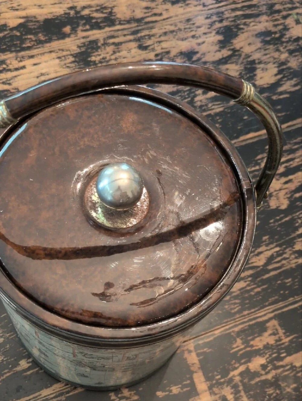 Shelton Ware Old World Map Ice Bucket with Brass Handle - Brown Cream